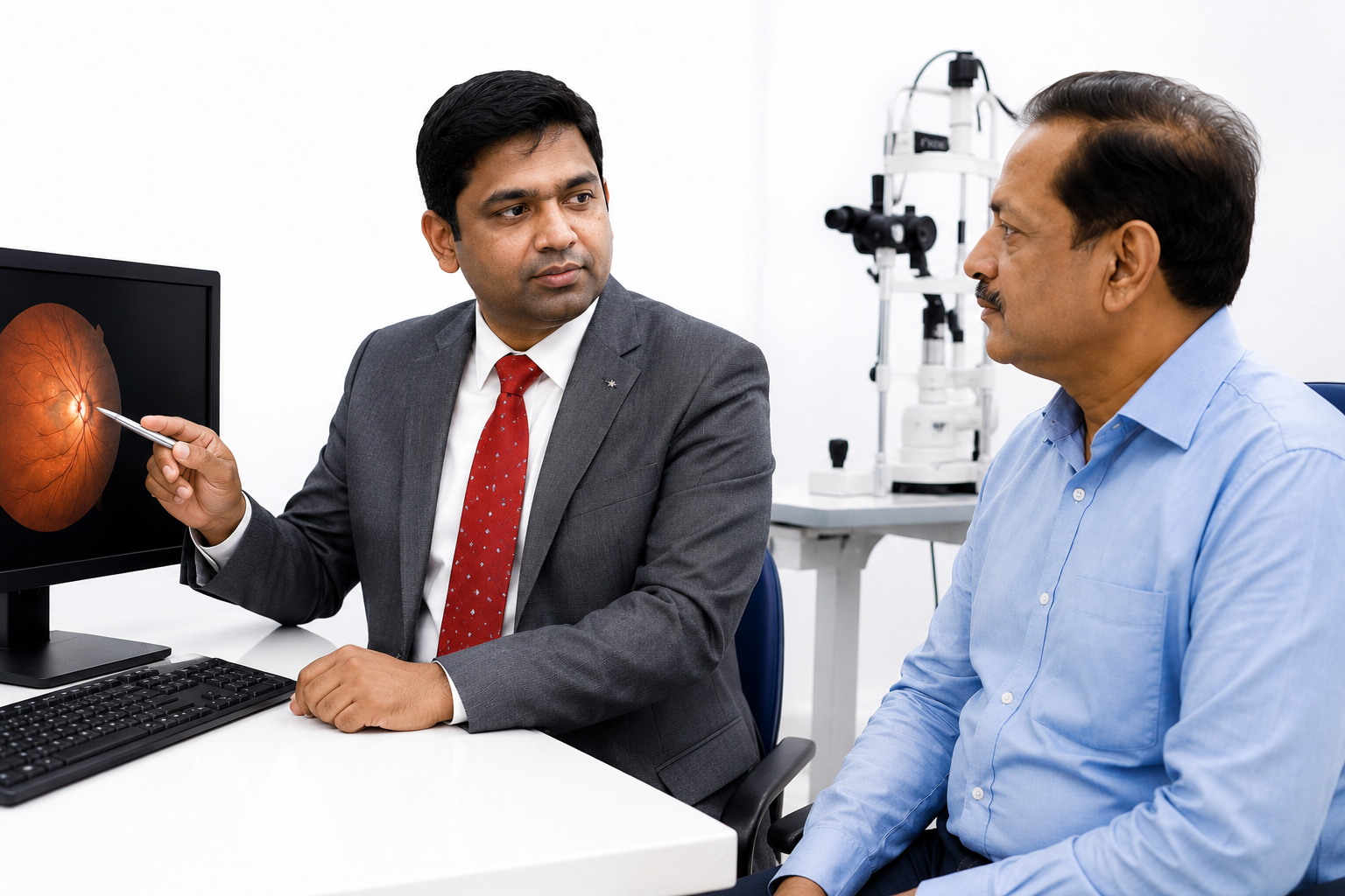 Doctor talking with a patient at MG Eye Foundation